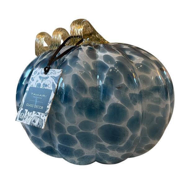 TAHARI Hand Blown Art Glass Pumpkin Blue Spotted Amber Stem Chic Fall Decor NEW - Picture 8 of 16